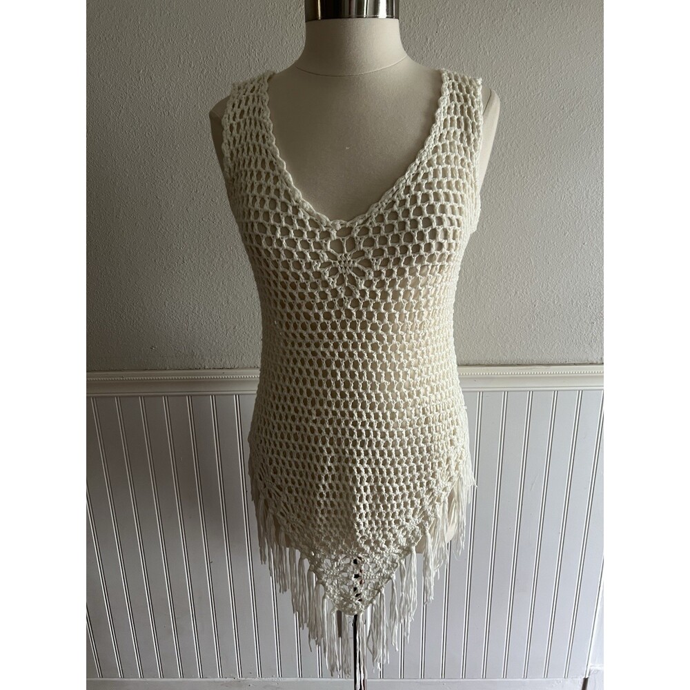 Women's Boho Crochet Tank Top Coverup Fringe Beach Summer Breezy White M/L